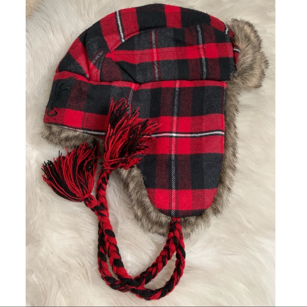 Red plaid faux fur trapper hat
